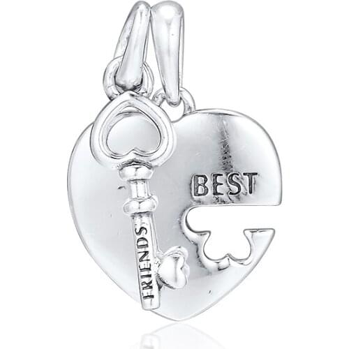 Authentic 925 Silver Jewelry Best Friends Heart & Key Necklace Fits European Charms Bracelets Woman DIY Beads For Jewelry Making