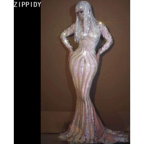 Flashing Multi-color Rhinestone Sequin Spandex Dress Prom Women Dance Outfit Birthday Celebrate Mermaid Long Dress