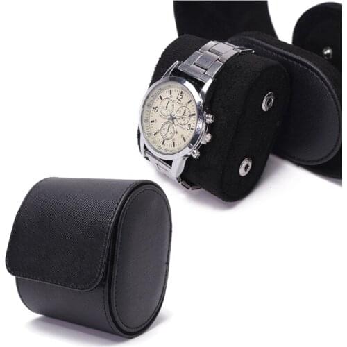 Black Real Leather Watch Roll Single Watch Travel Case Q0KE