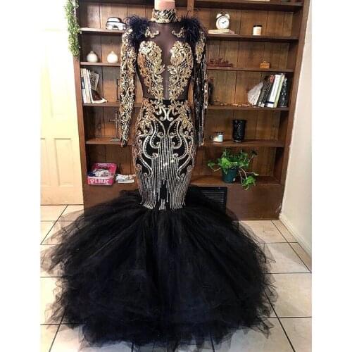 Black Mermaid Long Prom Dress African Black Girl Sexy See Through Top High Neck Gold Sequin Long Sleeve Prom Dresses 2020
