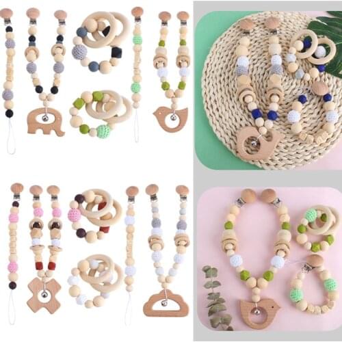 Baby Wooden Teether Baby Play Gym Pacifier Clip Chain Infants Rattle Dummy Clip Wooden Chewing Bracelet Stroller Toys Pram Clip