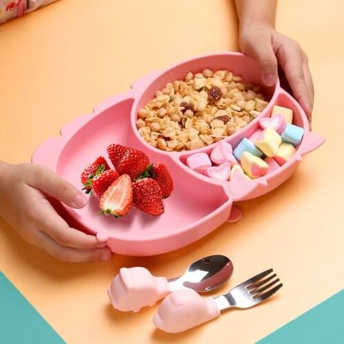 Childrens silicone dinner plate sucker fork spoon cutlery set baby bowl baby cartoon complementary food bowl
