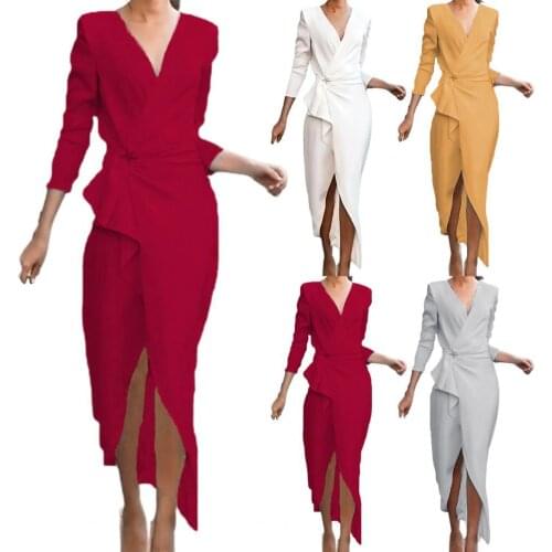 Front Twist Drape Formal Dress Solid Color V Neck Wrap Front Split Midi Dress Ladies Clothing