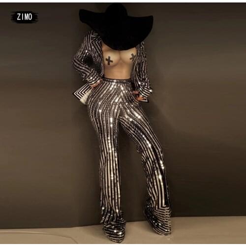 2 piece Women Silver Sequin jumpsuit coat Suit Singer Punk Nightclub party Jazz Dance Costume drag queen Stage club outfits rave