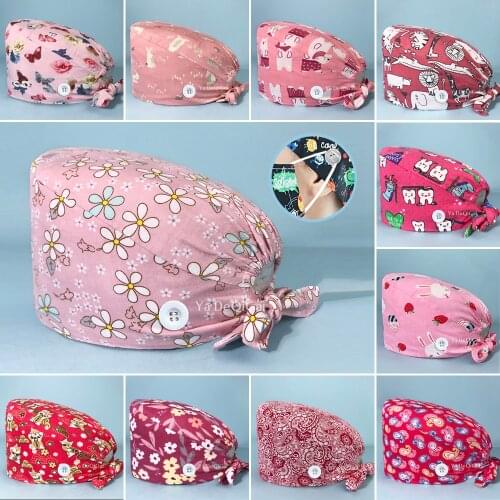 Red scrubs caps buttons floral printing pet store hats adjustable Scrubs hats beauty salon work caps Health services caps/hats