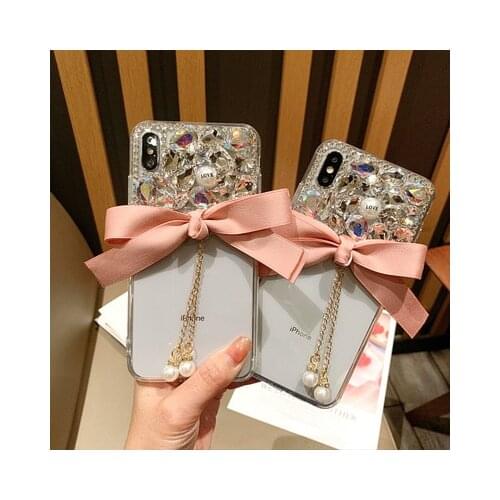 LaMaDiaa For Xiaomi Redmi 8 7 6 4X 4A 5A 6A Note8 7 4 5 6 Pro Note4X 5A Coque Cute glitter Rhinestone bow pearl soft Phone Case