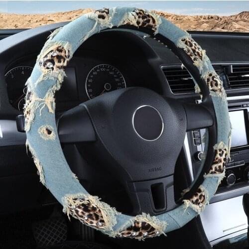 Leopard Denim Car Steering Wheel Cover 38 Cm Street Fashion Diamond Car Accessories for Girls Decoration for Women Universal