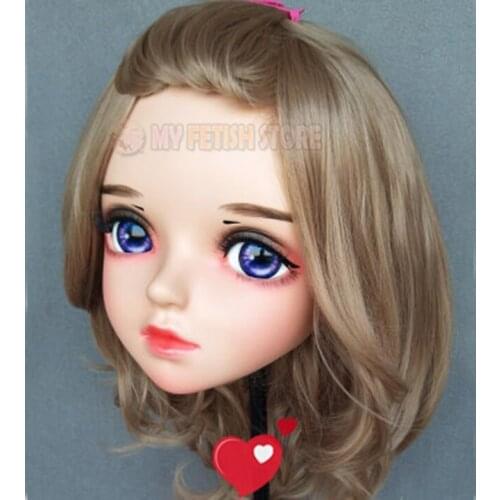 Miao-3)Female Sweet Girl Resin Half Head Kigurumi BJD Eyes Crossdress Cosplay Japanese Anime Role Lolita Mask With Eyes And Wig