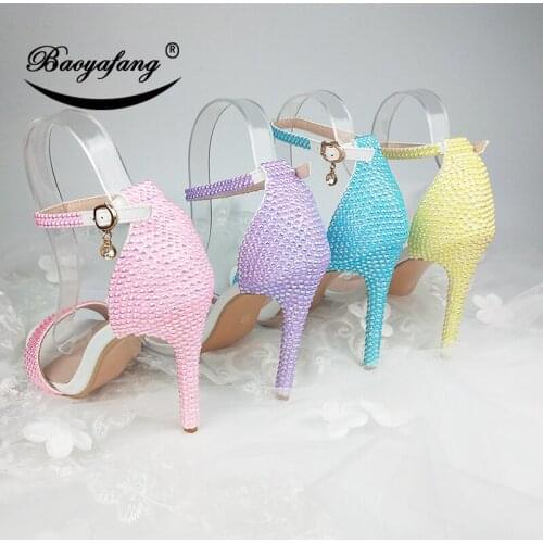 BaoYaFang 2019 New Summer Sandals Ankle strap AB Crystal shoe 11cm Heel Open Toe Wedding shoes female Bride dress shoe