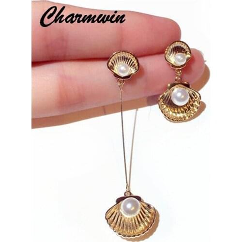 New Korean Dangle Earrings For Women Imitation Pearl Shell Asymmetric Earrings Fasnion Jewelry Female