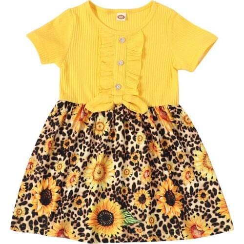 Sunflower Printed Baby Girls Dress Summer Short Sleeve Ruffle Knitted Patchwork Dress for Baby Girls Casual Dresses Outfits D30