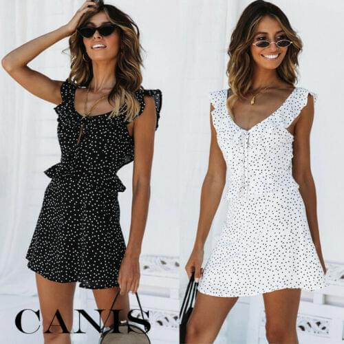 2019 Women Sleeveless Backless Wrap Boho Polka Dot Mini Dress Ladies Summer Casual Sundress With Sexy V-Neck Black White S-XL