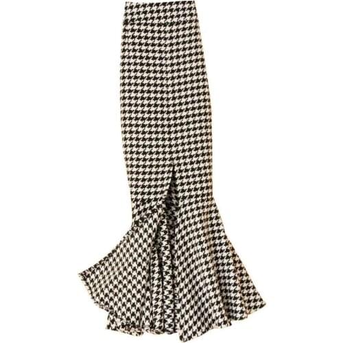 Thick Houndstooth plaid woolen skirt women high waist package hip mermaid trumpet skirt office lady plus size
