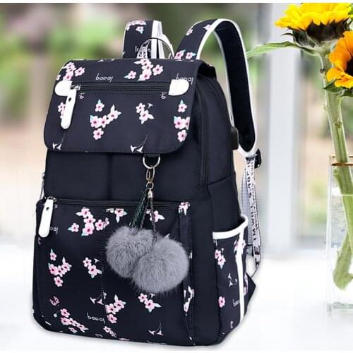 USB Charge Backpack Female Fashion School Bags For Girls Black Backpack Plush Ball Girl Schoolbag Cherry Blossom Decoration