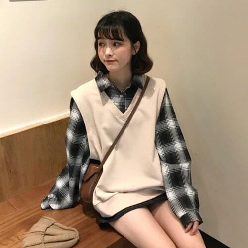 Deeptown Korean Style Plaid Patchwork Hoodie Women Kawaii Long Sleeve Pullover 2021 Casual Polo Uniform School Clothes Kpop Chic