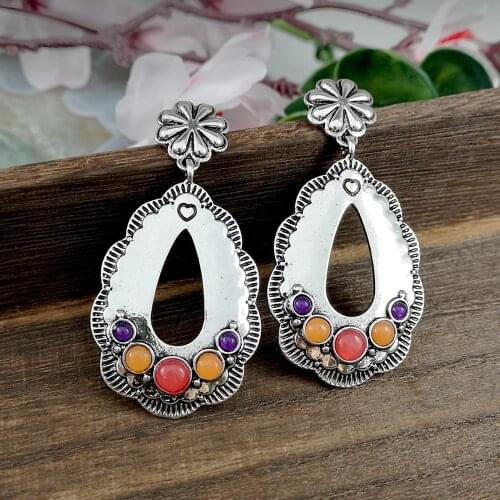 Vintage Big Water Drop Dangle Earrings for Women Tribal Jewelry Antique Hollow Flower Metal Colorful Beads Statement Earring