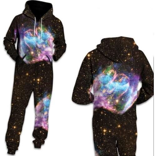 Women Space Galaxy Star Printed Loungewear Pajamas Unisex Loose Hooded Zipper Open Sleepwear Onesies for Adult Simier Jumpsuits