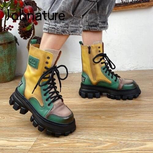 Johnature Genuine Leather Women Boots 2021 New Winter Shoes Zip Mixed Colors Lace-Up Leisure Handmade Concise Platform Boots