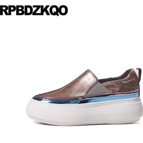 Women Silver Pink Muffin Brand Creepers Platform Shoes Metallic Designer Thick Sole 2021 Flats Genuine Leather Elevator Leisure