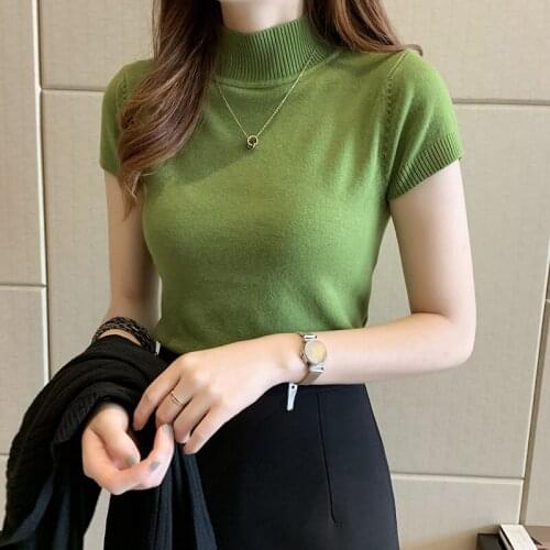 Turtleneck Summer Short Sleeve Korean Sweater Knitted Pullover Women Sweaters Tops ·Basic Thin Pull Femme Jumper 2021