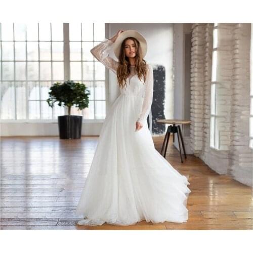 11196#Polka Dot Bridal Dress Floor Length Simple Tulle Modest Romantic Open Back Wedding Dress Bridal Gown