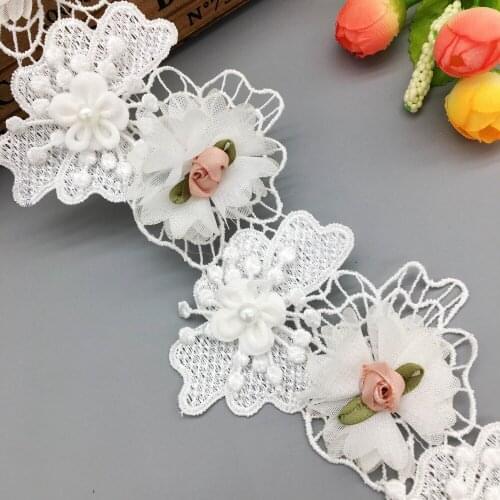 1Yd 3D Rose Flower Pearl Soluble Lace Trim Chiffon Wedding Dress Fabric Ribbon Dentelle Sewing Embroidered Applique Craft