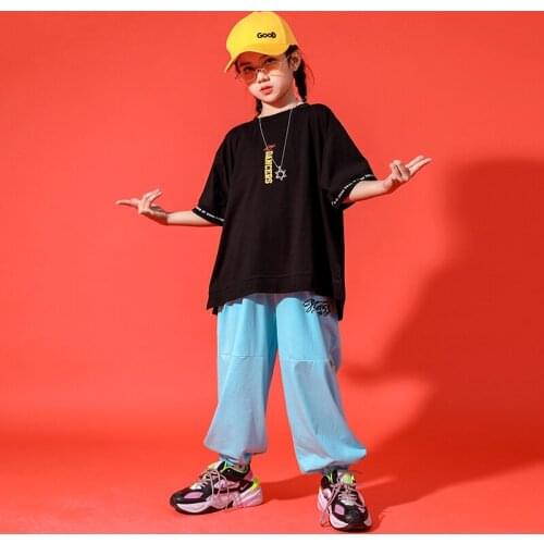 2020 Hip Hop Dance Costumes For Kids Short Sleeve Tops Blue Pants Boys Hiphop Stage Outfits Jazz Dance Costumes Girls DQS4879
