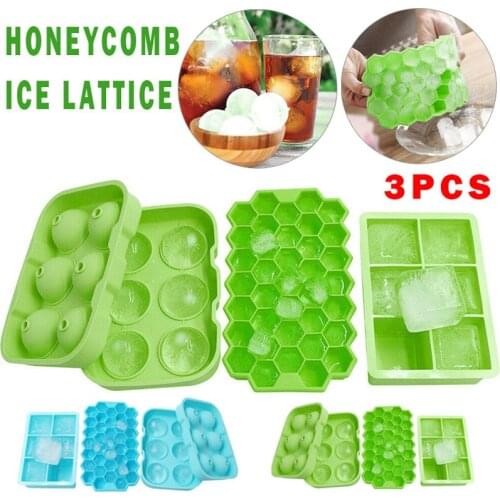 3pcs Ice Cube Maker Mold Honeycomb Grid With Removable Lids Silica Gel Square Round Silicone Tray Mould