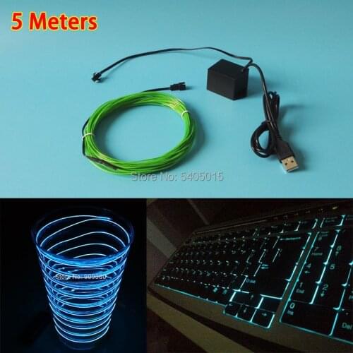 5Meters by USB5V 1.3mm Electroluminescent neon flexible light glow EL wire Rope Tube For Party Clothing Holiday DIY Decoration