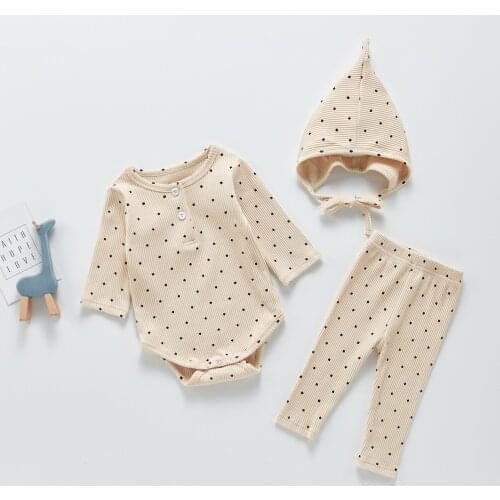 Romper Clothes Set for Baby Boys Girls with Hat Ribbed Cotton Polka Dot Autumn Suit Toddler Kid Bodysuit Set Infant Boy Clothing