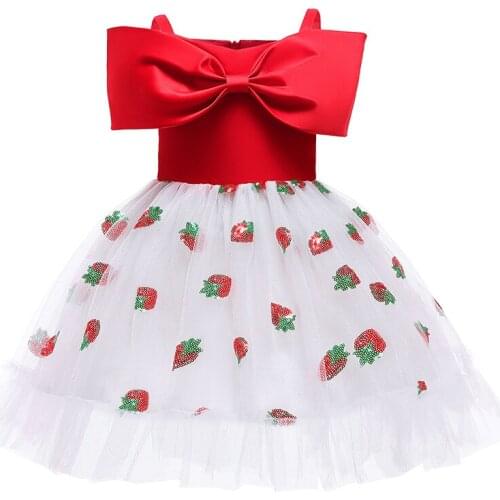 Baby Girls Birthday Dress For 2-10 Year Girls Baptism Pink Clothes Toddler Kid Strawberry Sequined Shoulderless Princess Dress