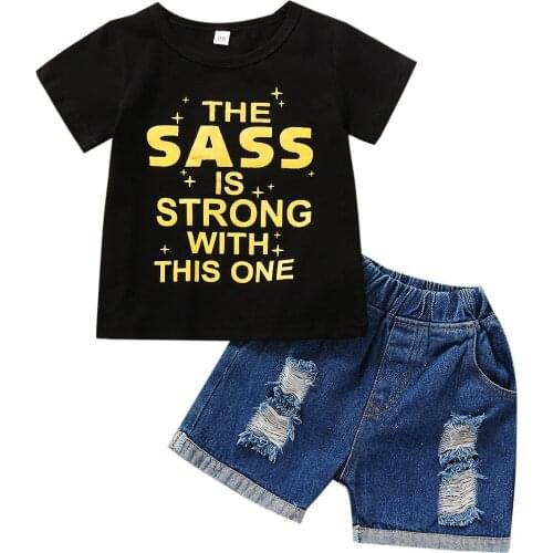 FOCUSNORM 1-6Y Summer Causal Kids Girls Clothes Sets Letter Printed Short Sleeve T Shirts Denim Shorts 2pcs