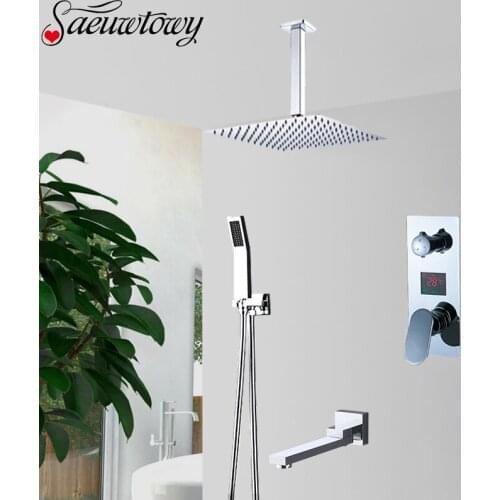 Chrome Concea Instal Temperature Display Shower Faucet Set Rain Bathroom Faucet Rotatble Spout Faucet Ceiling Installation