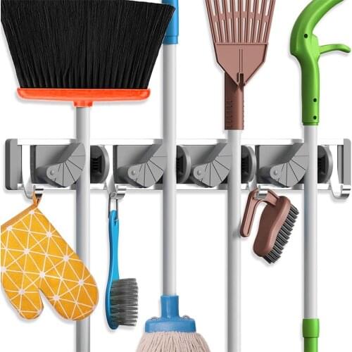 Quality kitchen storage tool holder, 4 position with 5 hooks Wall Mounted Storage organizer, mop and broom storage holders racks