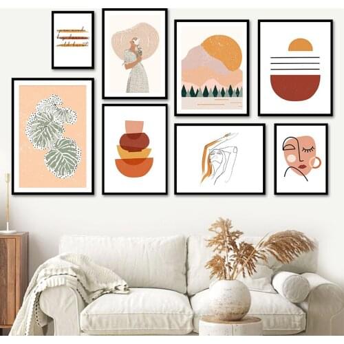 Girl Monstera Line Mountain Color Block Wall Art Canvas Painting Nordic Posters And Prints Wall Pictures For Living Room Decor