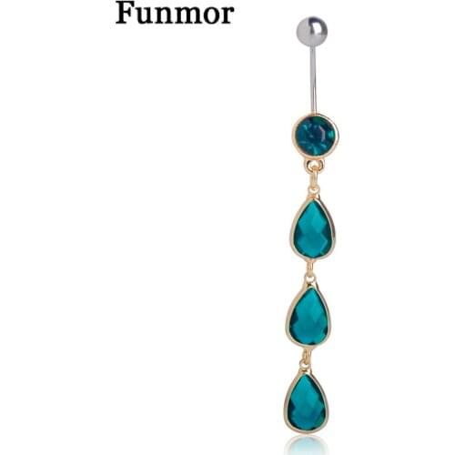 Funmor Green Opal Tears Water Drop Bell Button Rings For Women Girls Stainless Steel Long Chains Sexy Body Jewelry Navel Ring