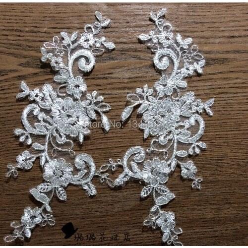 Hot Sale 24*10cm Off white 5 Pairs High Quality Bridal Lace Applique Fabric Soft Swiss Flower Trim Wedding French Lace Applique