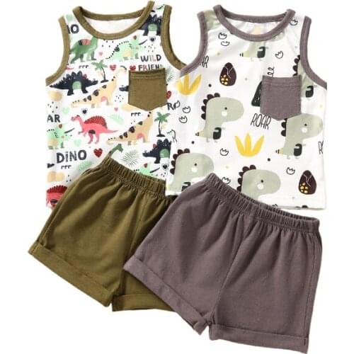 FOCUSNORM 2Pcs Baby Boys Summer Tracksuits Clothes Sets Cartoon Dinosaur Print Sleeveless Vest + Elastic Waist Shorts