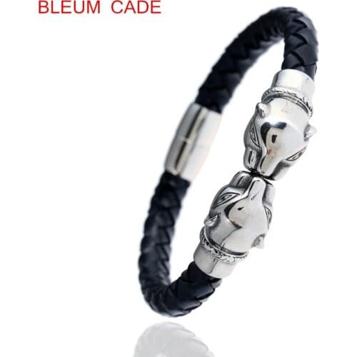 Mens 316L Stainless Steel Woven Leather Fashion Creative Ambition Leopard Head Bracelet 8.5 Inch