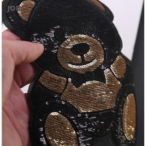 Black Gold Cute Bear Embroidery Patch Big Iron on Sequin Patches Applique for Clothing Badges Fabric Stickers on Clothes Jacket