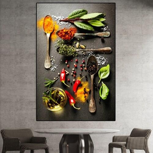 Nordic Style Kitchen Room Wall Art Grains Spices Spoon Peppers Canvas Painting Posters and Prints Picture Cuadros for Home Decor
