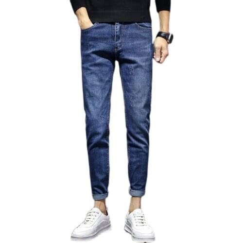Spring and summer 2021 new mens denim jeans brand trend Korean stretch slim feet new casual cowboy teenagers long pants