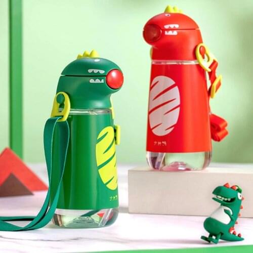 New Pinkah Children Straw Kettle with Shoulder Strap Portable School Plastic Water Bottle Creative Cartoon Dinosaur Shape 450ML