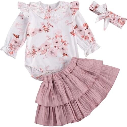 Girl Clothing Floral Body Baby suit Romper Tops Ruffle Skirts Headband Outfit Newborn Set