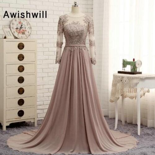 Elegant Long Sleeve Mother of The Bride Dresses Chiffon Lace Appliques A-Line Formal Gown Women Wedding Party Dress
