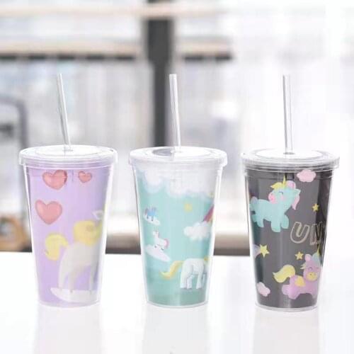 The Unicorn Sippy Cup Double Clear Case Water Bottle with Lid Pipette Personality Pattern Lovely Modelling Plastic Coffee Cup