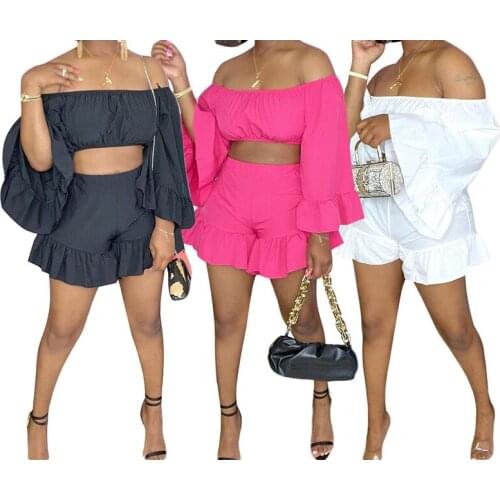 Casual Solid Ruffles Short Tracksuit Women Sexy Off the Shoulder Long Sleeve Crop Top + Mini Shorts Slim Two Piece Set Outfits