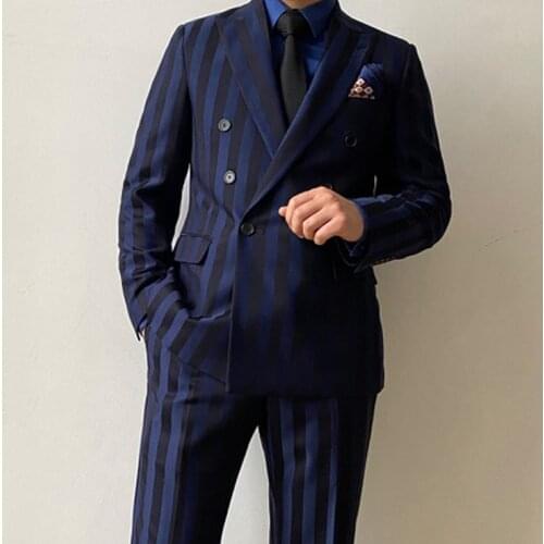 RICODESIGN mens slim fit business classic formal navy strips suit stretch two pieces handmade tailored customd