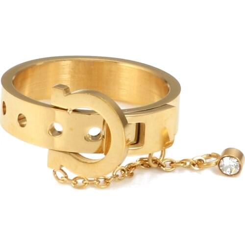 Luxury Crystal Charm Belt With Chain Ring Gold Color Stainless Steel Finger Rings For Women Men Jewelry Wedding Party Gifts
