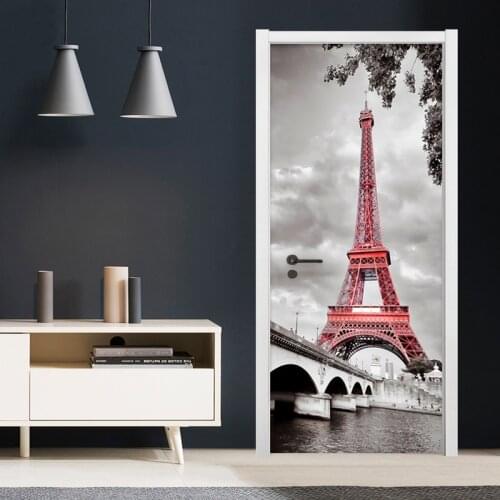 Self-Adhesive Door Sticker Black And White Painting Red Iron Tower Vinyl 3D Murals Living Room Study Art Wall Sticker Home Decor